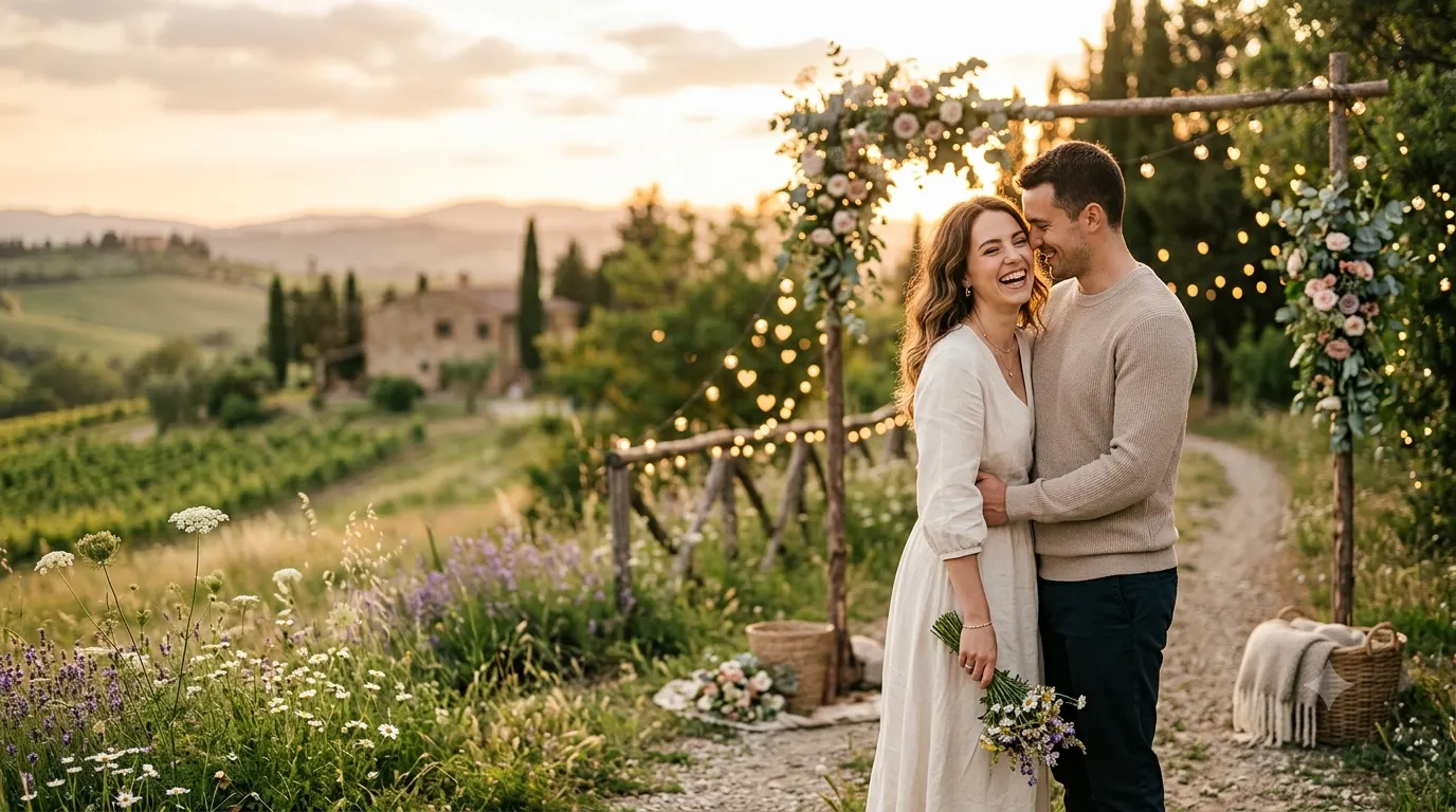 Romantic couple smiling together at sunset with a warm golden sky, representing deep love captions for Instagram, heartfelt relationships, and meaningful romantic moments.