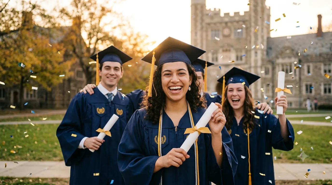 Smiling graduate wearing a cap and gown while holding a diploma during graduation day celebration, with classmates, confetti, and a university campus in the background.
