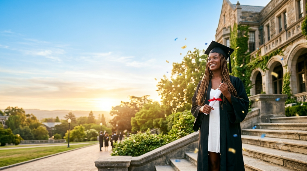 **Alt Text:**

Confident graduate in a cap and gown holding a diploma at sunrise, standing on a university campus and looking toward the horizon with a hopeful and determined expression.
