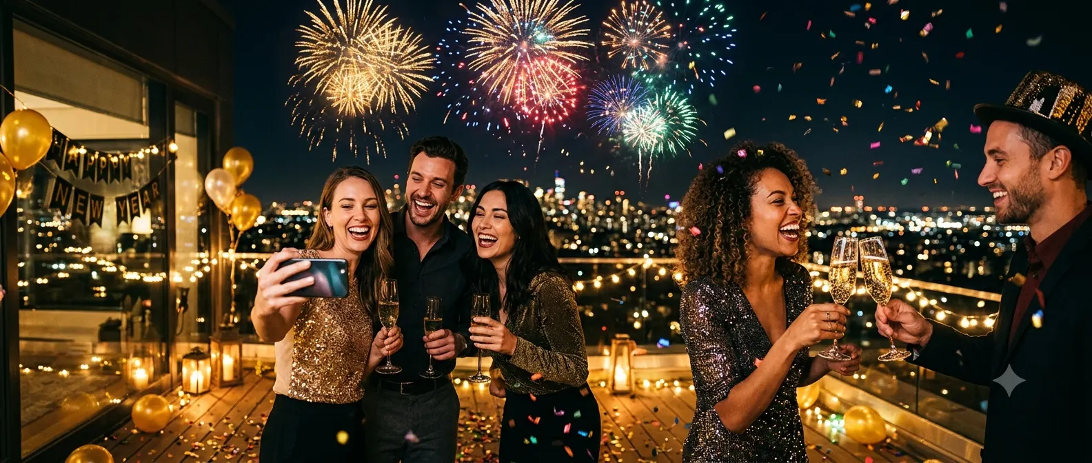 Friends celebrating New Year's Eve at a festive party with colorful fireworks lighting up the night sky, sparkling confetti falling, champagne glasses raised for a toast, city skyline in the background, and a joyful atmosphere symbolizing fresh beginnings and celebration.