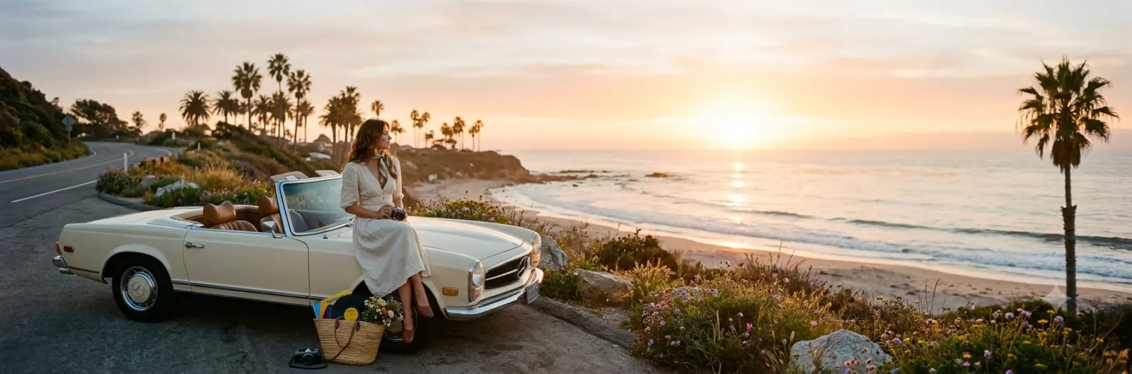 **Alt Text:** Dreamy vintage-inspired beach scene at golden hour featuring a classic convertible, wildflowers, a film camera, vinyl records, and a cinematic sunset, capturing a romantic Lana Del Rey aesthetic with warm nostalgic tones.