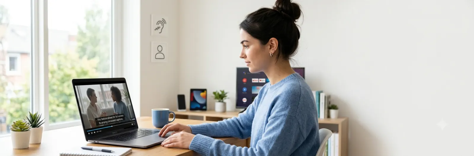 Person watching a video with closed captions enabled on a laptop, illustrating video accessibility, captioned content, and inclusive media viewing across digital devices.
