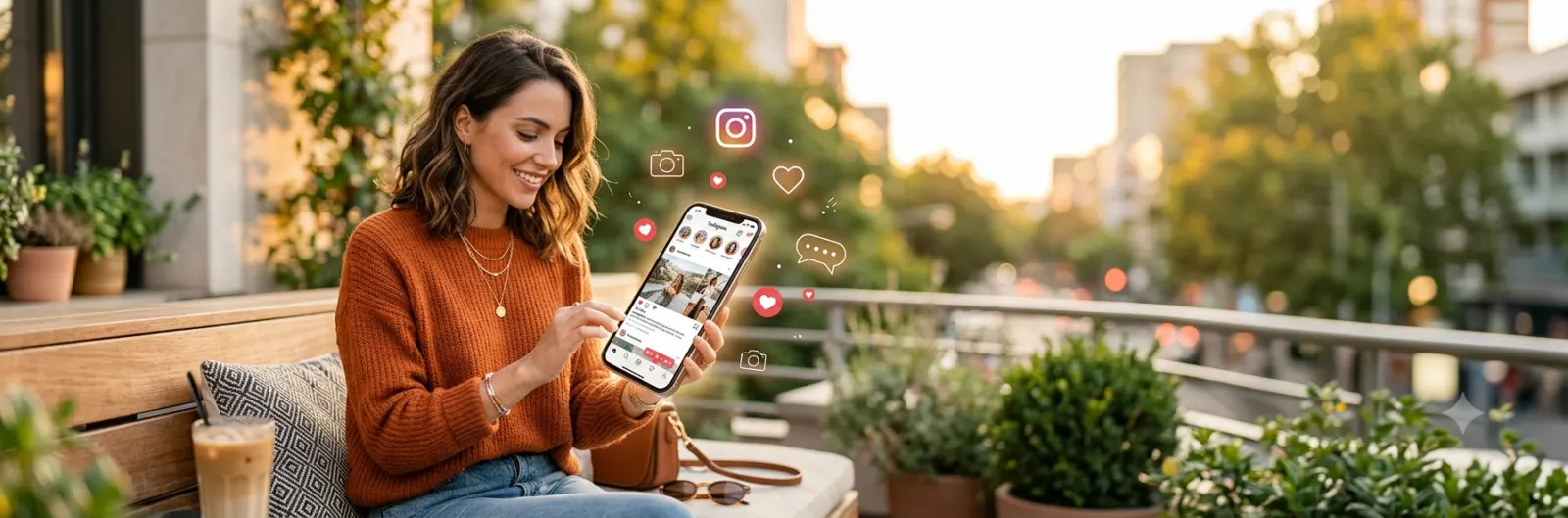 A stylish person holding a smartphone while smiling during golden hour outdoors, with subtle social media icons, heart reactions, and chat bubbles surrounding them in a clean, modern lifestyle setting that represents great Instagram captions.