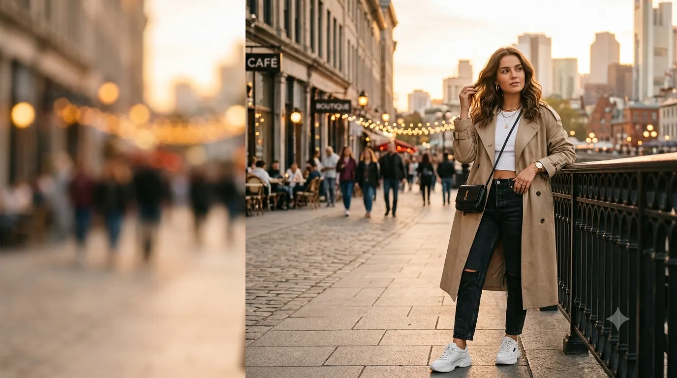 Confident woman in a trendy streetwear outfit posing in a stylish urban setting during golden hour, representing bold baddie fashion and Instagram confidence.