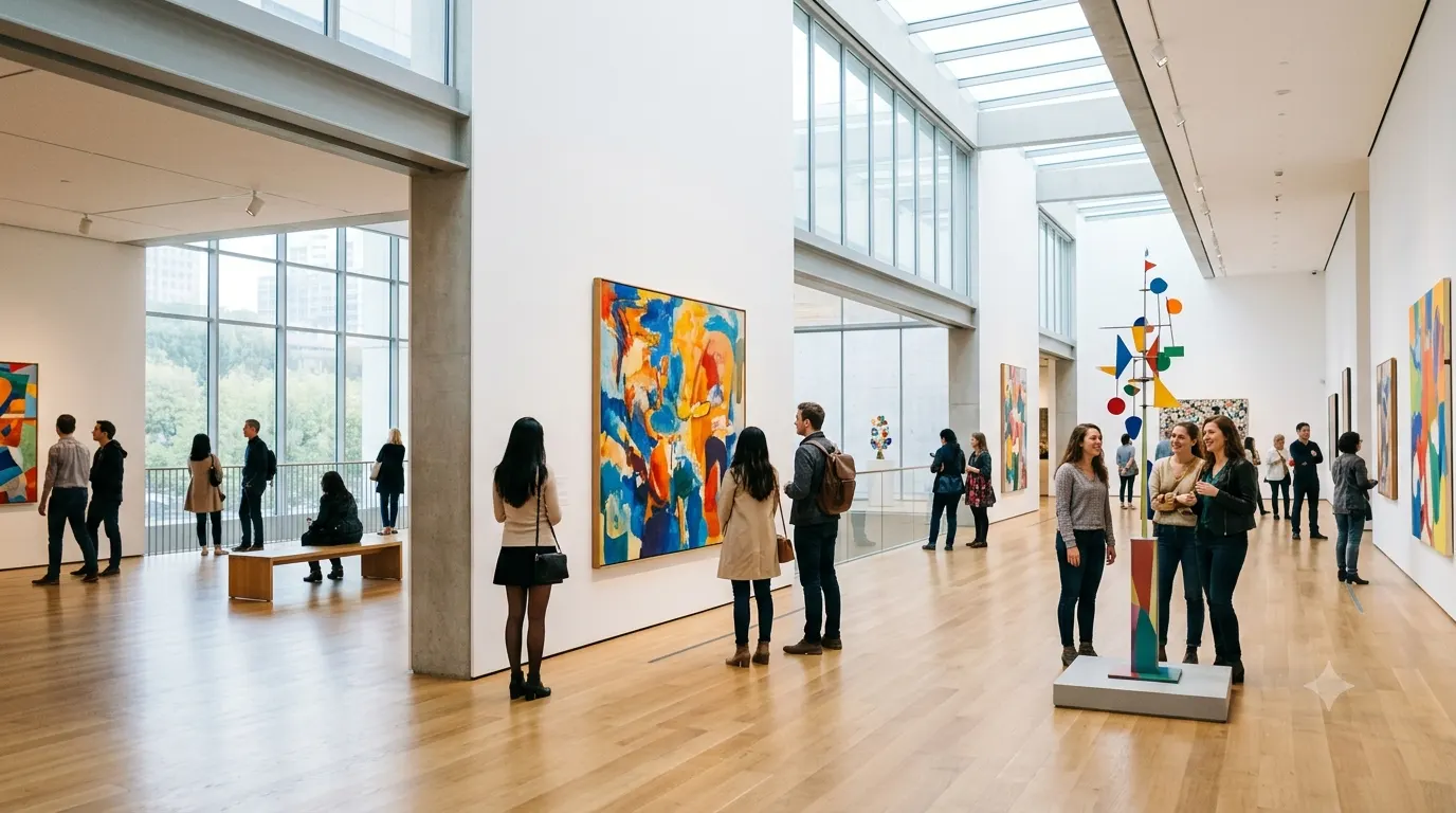 People admiring artwork inside a contemporary museum gallery
