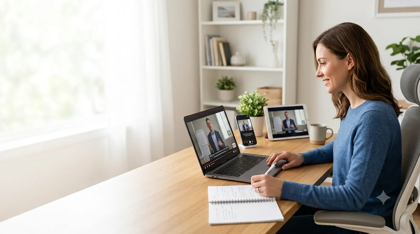 Person watching a captioned video on a laptop with visible on-screen captions, illustrating the meaning of captioned and digital accessibility.