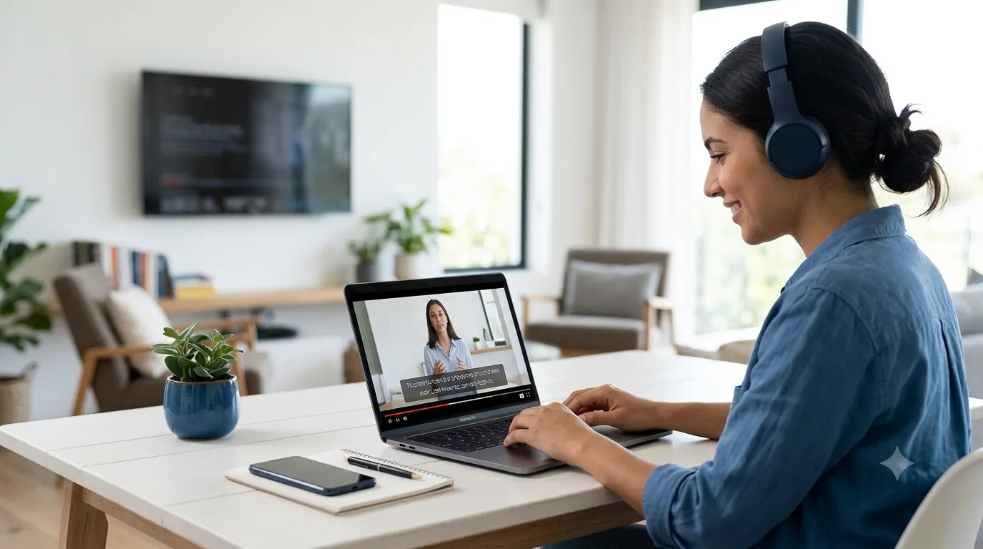 Person watching a video on a laptop with closed captions enabled, alongside a smartphone and TV displaying captioned content, illustrating the meaning and accessibility benefits of closed captions in modern digital media.