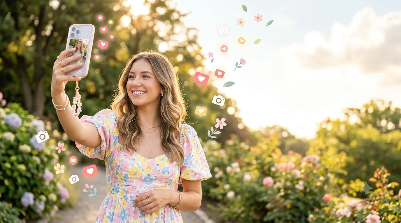 Stylish young woman taking a selfie outdoors during golden hour with soft pastel tones, subtle social media inspired elements, and a bright modern aesthetic for an Instagram captions blog header.