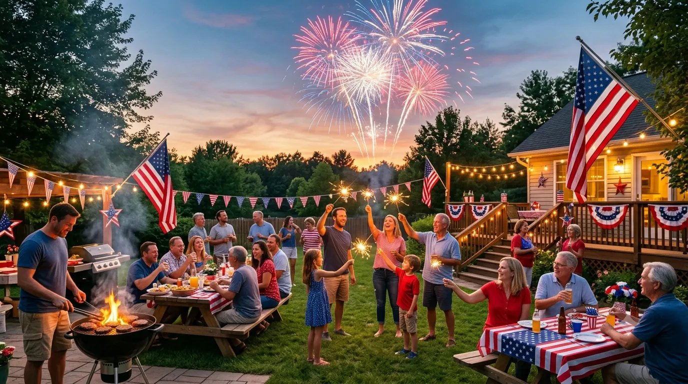 Friends and family celebrating the 4th of July outdoors with colorful fireworks, American flags, sparklers, a backyard BBQ, and festive red, white, and blue decorations during a warm summer evening.