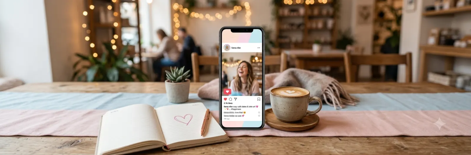 A person smiling while looking at a smartphone with Instagram open, surrounded by soft pastel colors, heart icons, and a cozy aesthetic, representing Instagram captions for simps.