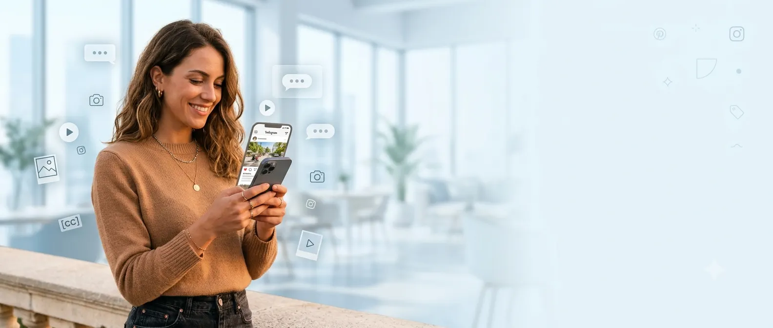 **Alt Text:** Person creating a social media caption on a smartphone with floating chat bubbles, photo and video icons, and accessibility caption symbols in a clean, modern digital workspace.