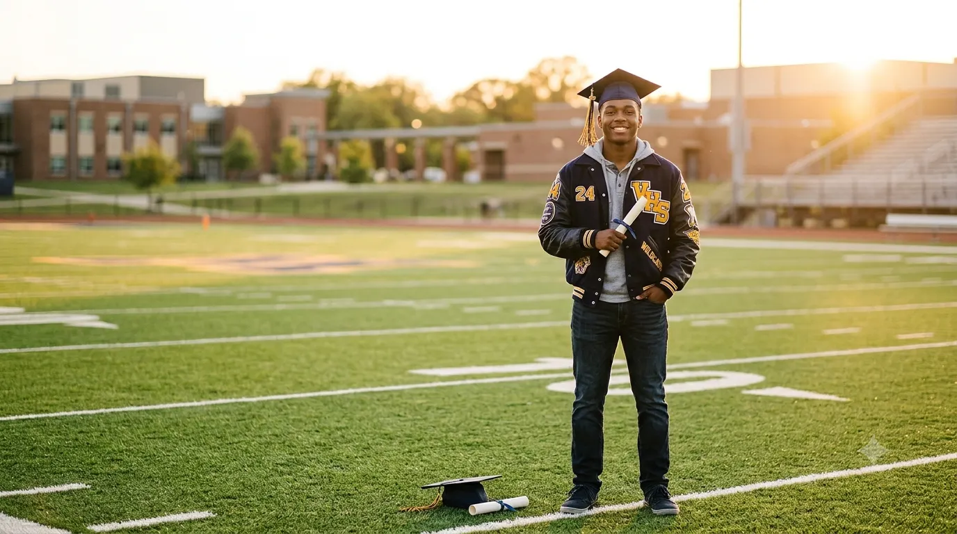 High school senior smiling on a football field during golden hour, celebrating Senior Sunday with graduation cap and school spirit.