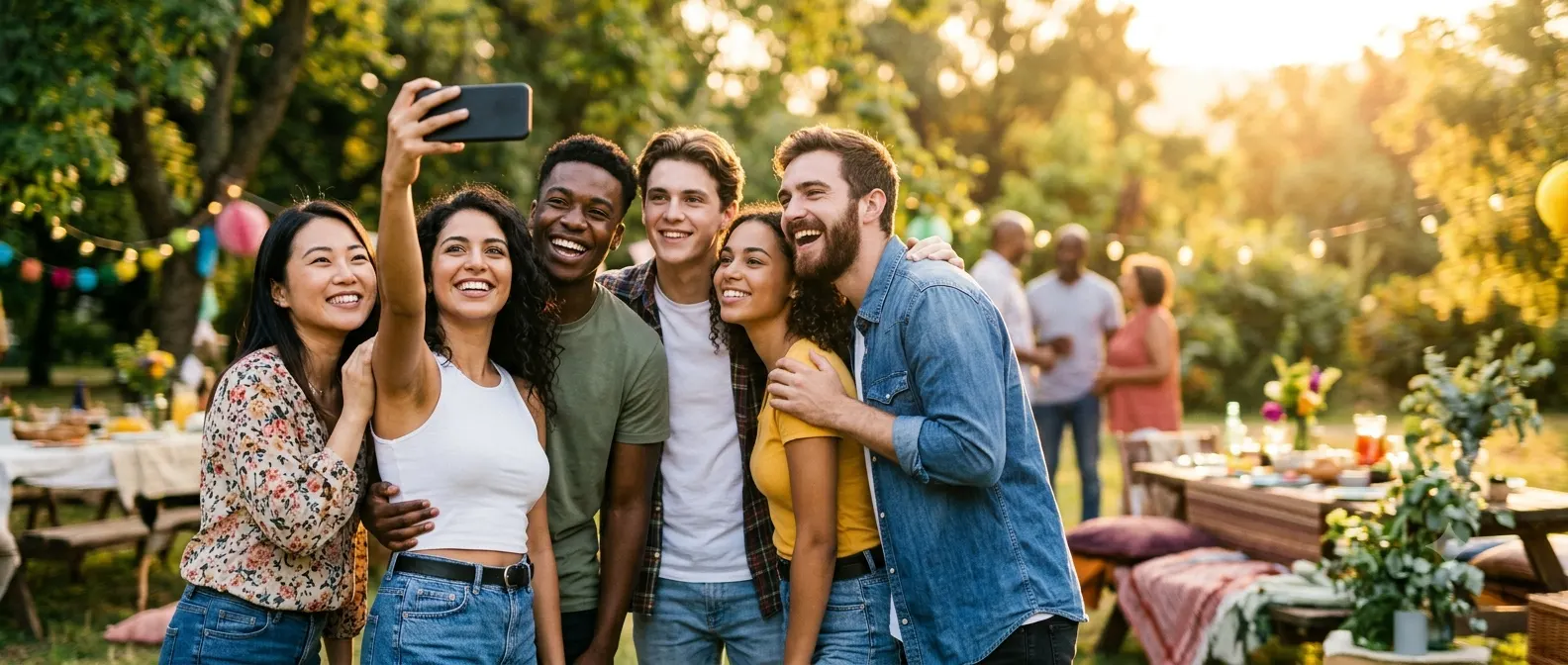 Smiling cousins taking a group selfie during a family reunion outdoors.
