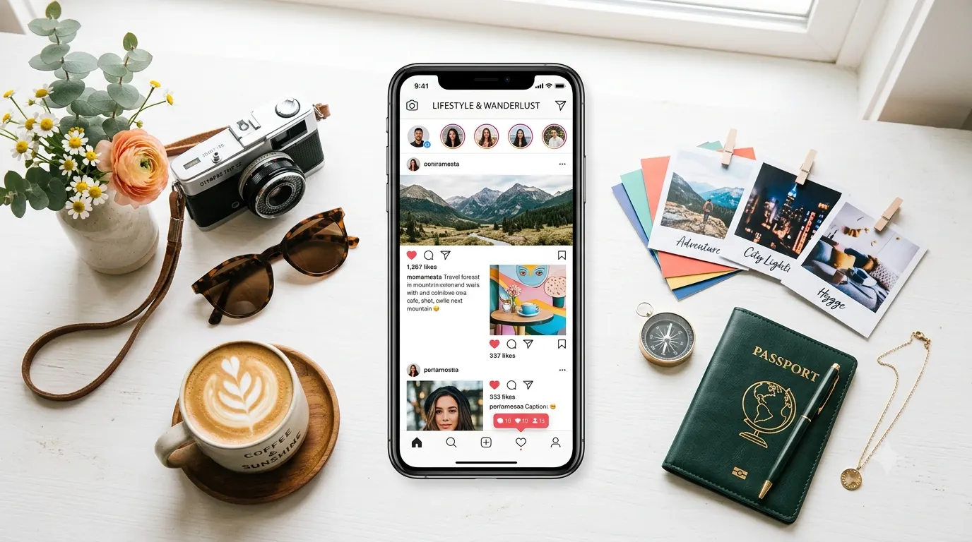 A smartphone displaying an Instagram feed surrounded by a camera, coffee cup, sunglasses, flowers, and travel accessories, representing creative Instagram caption ideas for every type of social media post.