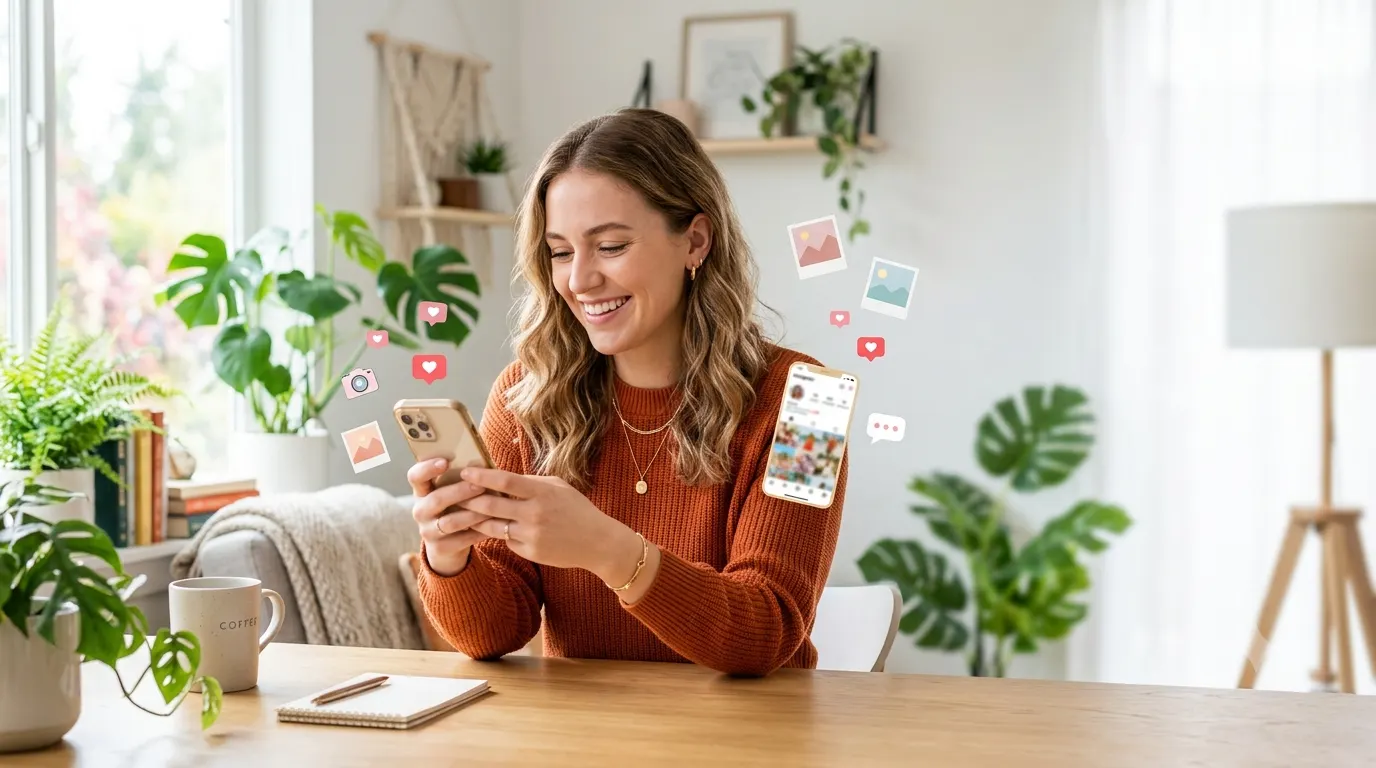 Smiling content creator using a smartphone to browse Instagram photos in a bright, modern setting with floating heart reactions, chat bubbles, camera icons, and photo frames, creating a clean and stylish social media themed blog header with ample copy space.