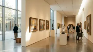 Visitors exploring a bright, modern museum filled with paintings and sculptures, walking through elegant galleries with natural light streaming in, capturing the creative and inspiring atmosphere of an art museum.