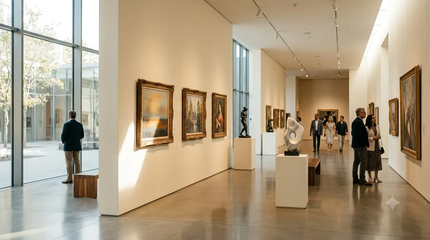 Visitors exploring a bright, modern museum filled with paintings and sculptures, walking through elegant galleries with natural light streaming in, capturing the creative and inspiring atmosphere of an art museum.