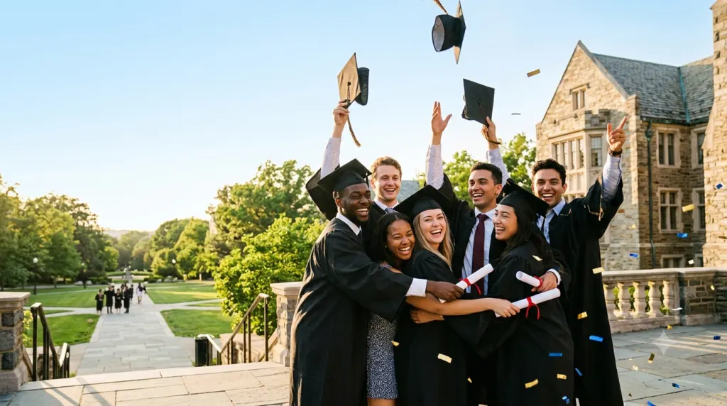 Group of happy graduates in caps and gowns celebrating together with diplomas, tossing their graduation caps into the air on a sunny university campus.