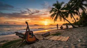 A tropical beach at sunset with palm trees, an acoustic guitar resting on the sand, warm golden light, and a relaxed reggae-inspired atmosphere that reflects peace, positivity, and the spirit of Bob Marley.