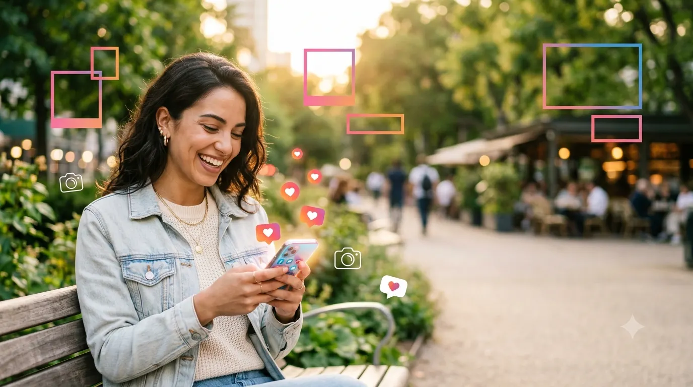 Person smiling while using a smartphone with colorful social media inspired elements, representing good Instagram captions for every type of post.