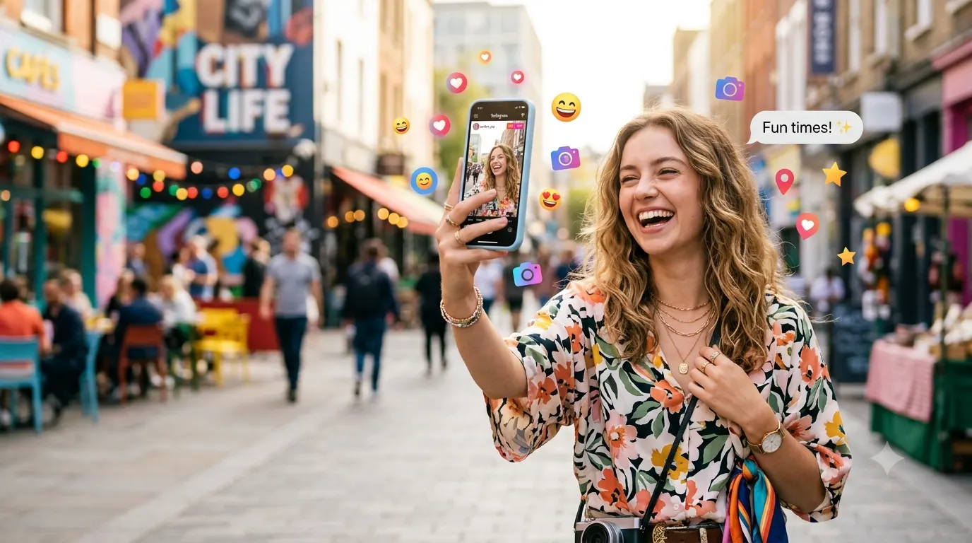 Smiling person taking a selfie with a smartphone while laughing outdoors, surrounded by colorful social media inspired icons, perfect for a blog about funny Instagram captions