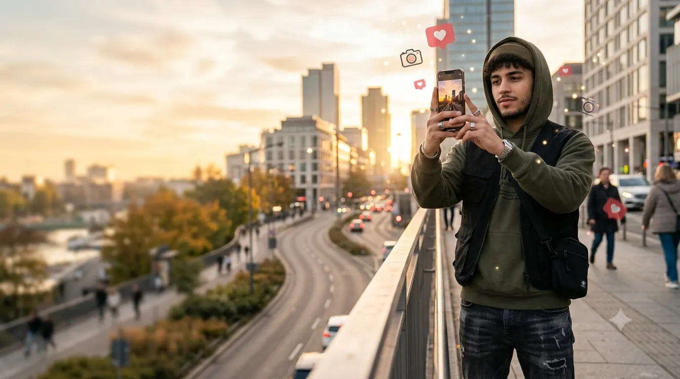 Stylish young man posing outdoors for an Instagram photo with a modern city background.