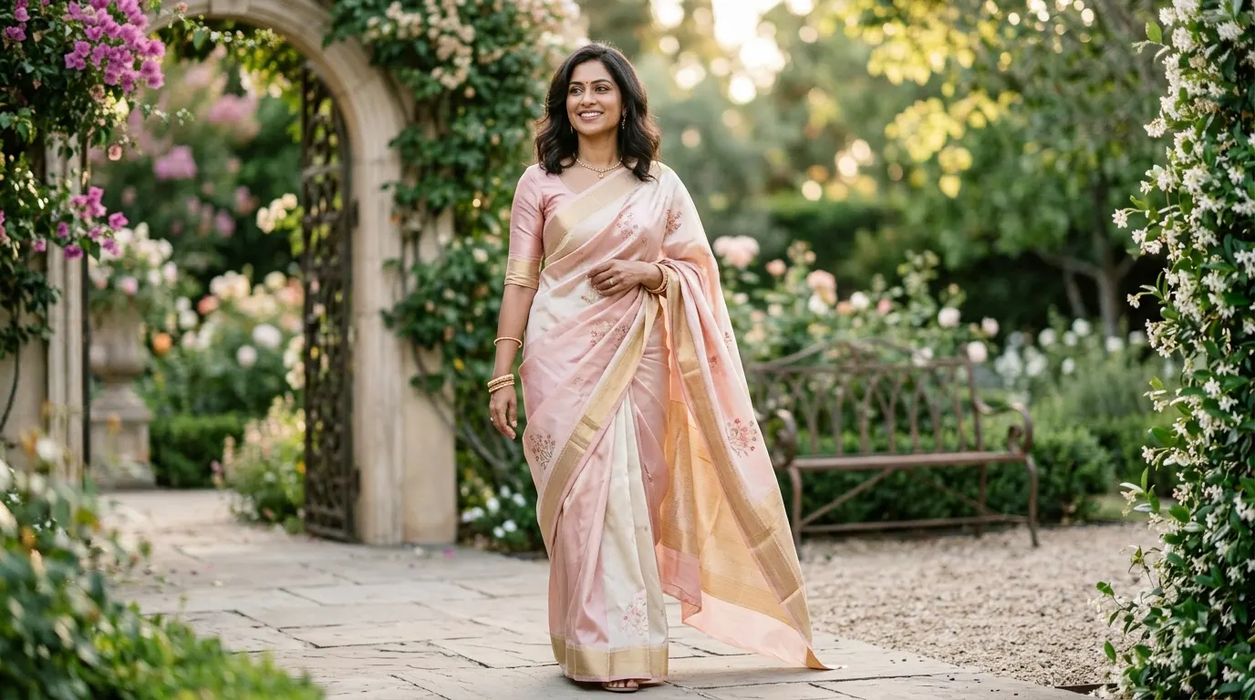 Elegant woman wearing a beautiful silk saree while posing outdoors in natural light, showcasing timeless ethnic fashion with a graceful and stylish Instagram-inspired look