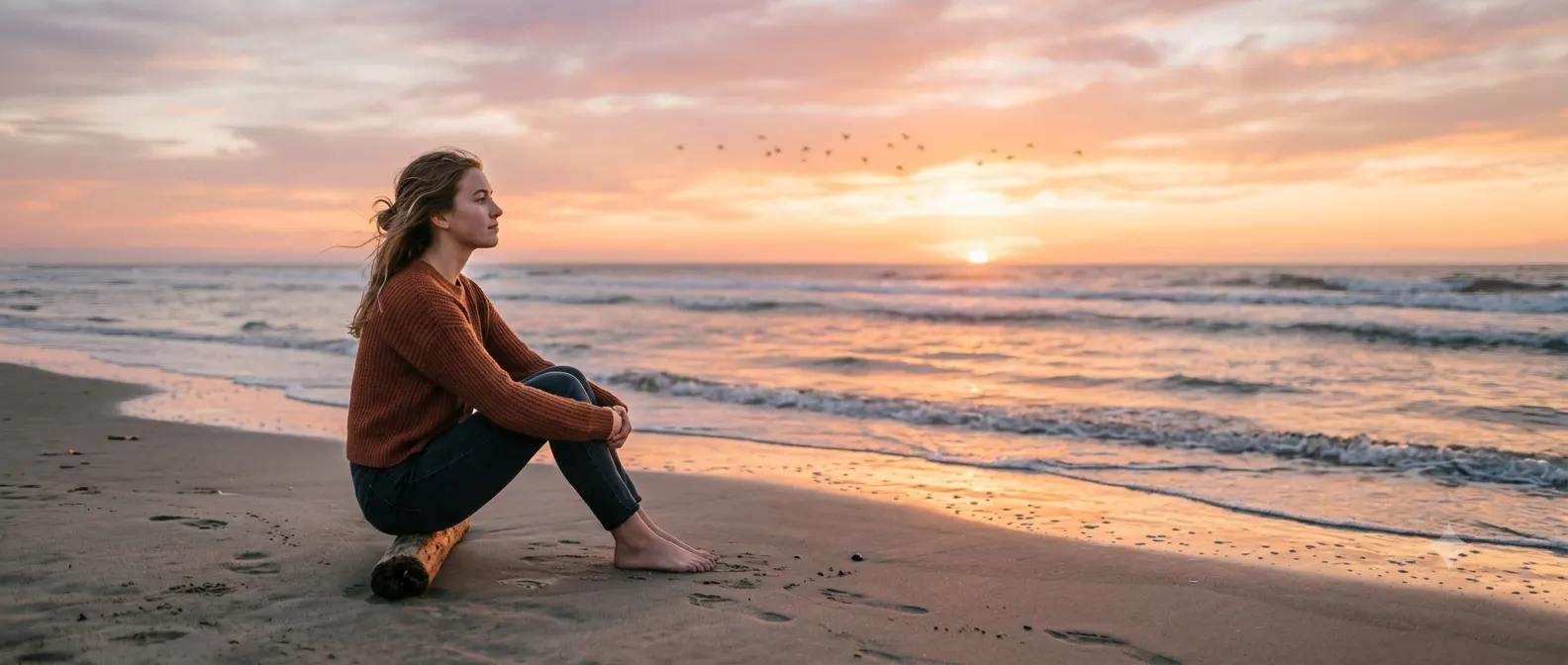 A person sitting alone on a beach at sunset, reflecting on lost love while watching the calm ocean beneath a colorful evening sky.