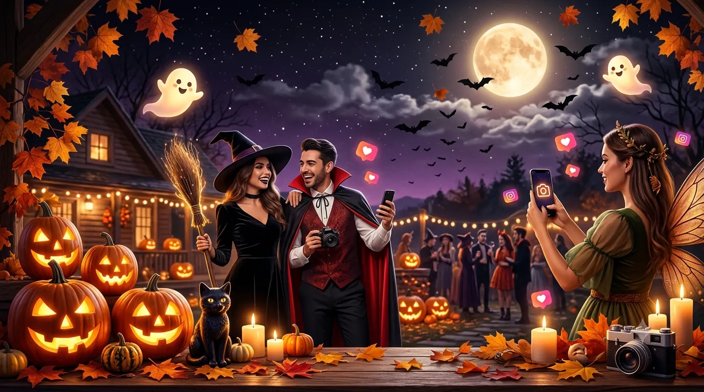 Stylish Halloween display featuring glowing carved pumpkins, spooky decorations, autumn leaves, friendly ghosts, and festive costumes under a moonlit sky, representing creative Halloween captions for social media posts.