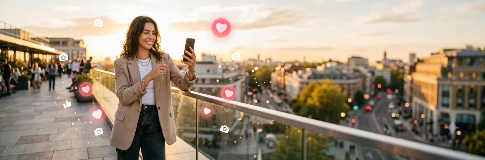 Modern horizontal blog banner showing a stylish person holding a smartphone and smiling in an urban setting during golden hour. The scene features subtle social media inspired elements, a clean contemporary aesthetic, warm lighting, vibrant colors, and ample negative space, representing cool Instagram captions for selfies, lifestyle posts, and social media content.