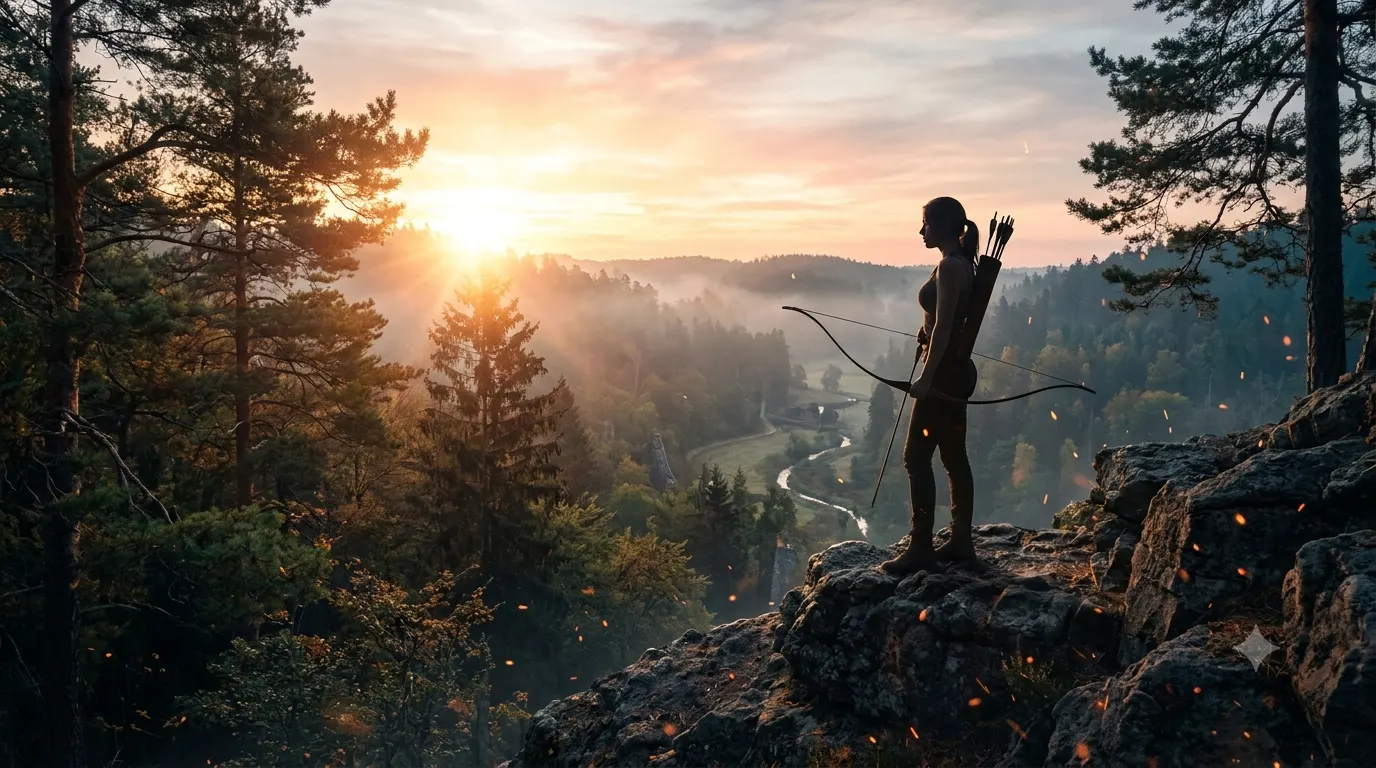 Cinematic Hunger Games inspired blog header with a lone archer overlooking a forest at sunrise, symbolizing courage, survival, and adventure for Instagram caption ideas.