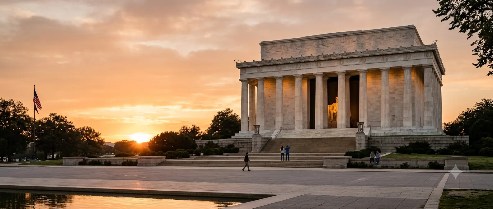 Close-up view of the Abraham Lincoln Memorial's iconic marble columns