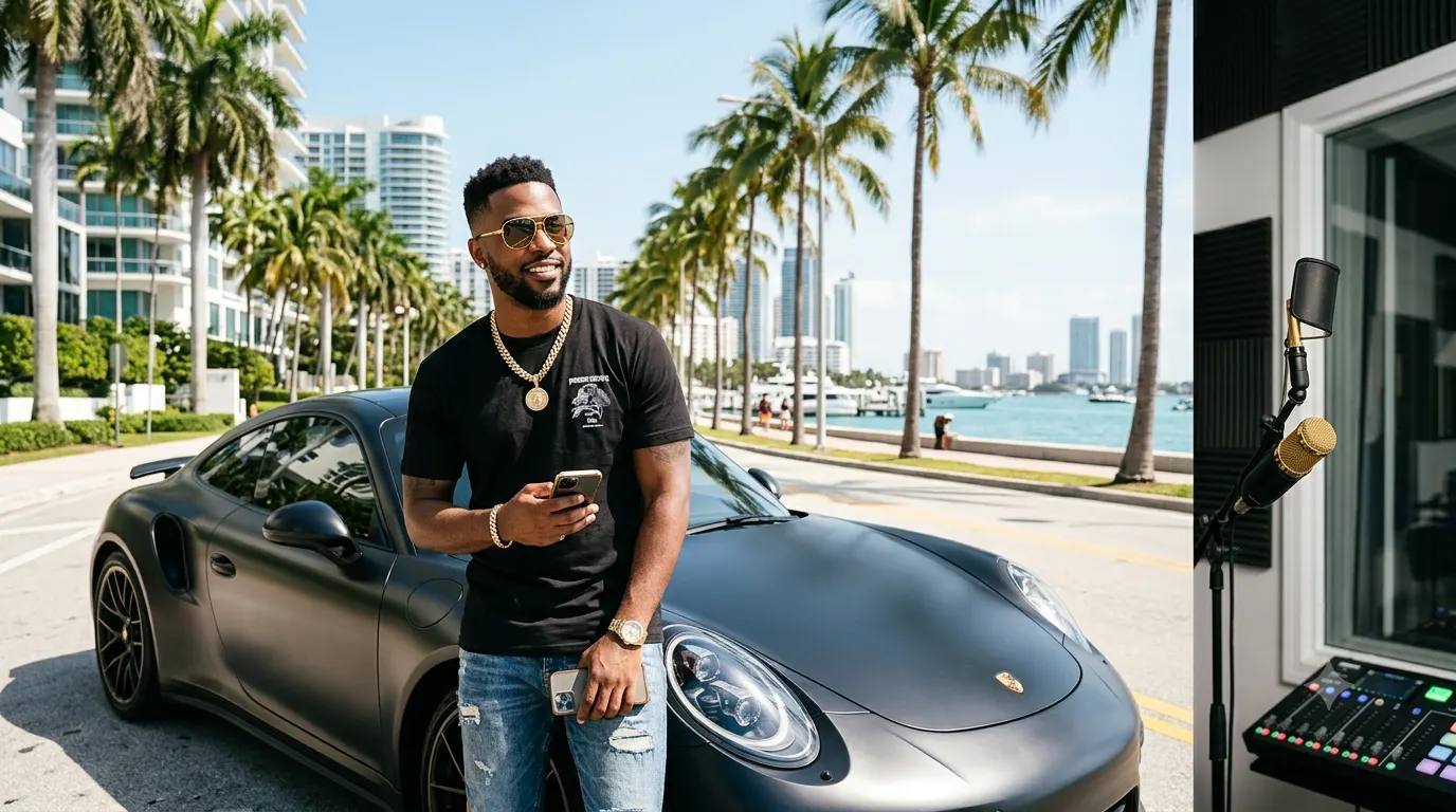 Confident hip-hop inspired lifestyle scene with a luxury sports car, recording studio equipment, gold accents, stylish sunglasses, palm trees, and a vibrant Miami-style backdrop. The modern horizontal blog header features premium lighting, a clean editorial aesthetic, and ample negative space, representing success, confidence, and the motivational energy associated with DJ Khaled.