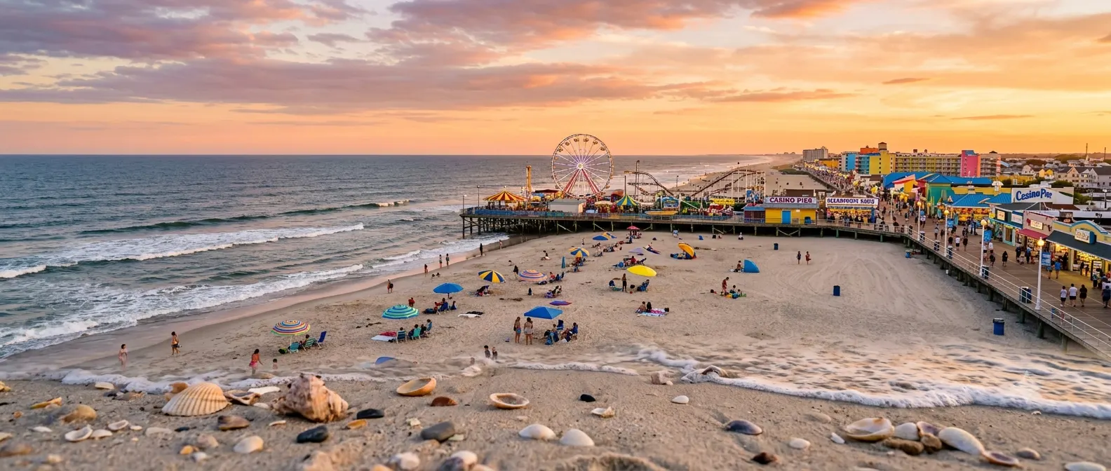 Golden sunset over the Jersey Shore with gentle ocean waves, a sandy beach, colorful boardwalk amusement rides in the distance, beach umbrellas, and a relaxed summer vacation atmosphere.