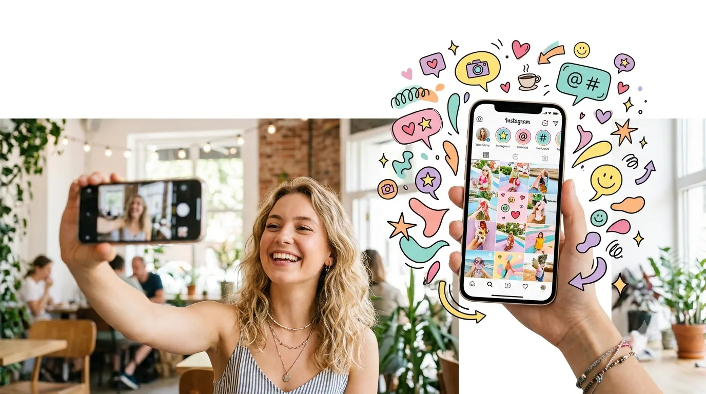 Colorful blog header showing a smartphone with Instagram-style lifestyle photos and playful creative elements representing quirky Instagram captions.