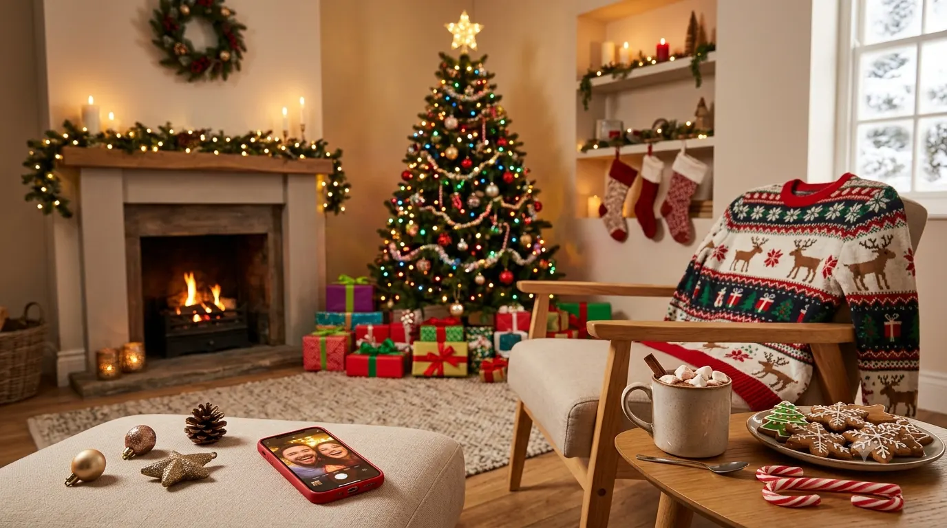 Cozy Christmas living room decorated with a sparkling Christmas tree, wrapped gifts, colorful string lights, hot chocolate, gingerbread cookies, candy canes, and an ugly Christmas sweater, creating a warm and festive holiday atmosphere perfect for a Christmas funny captions blog header.