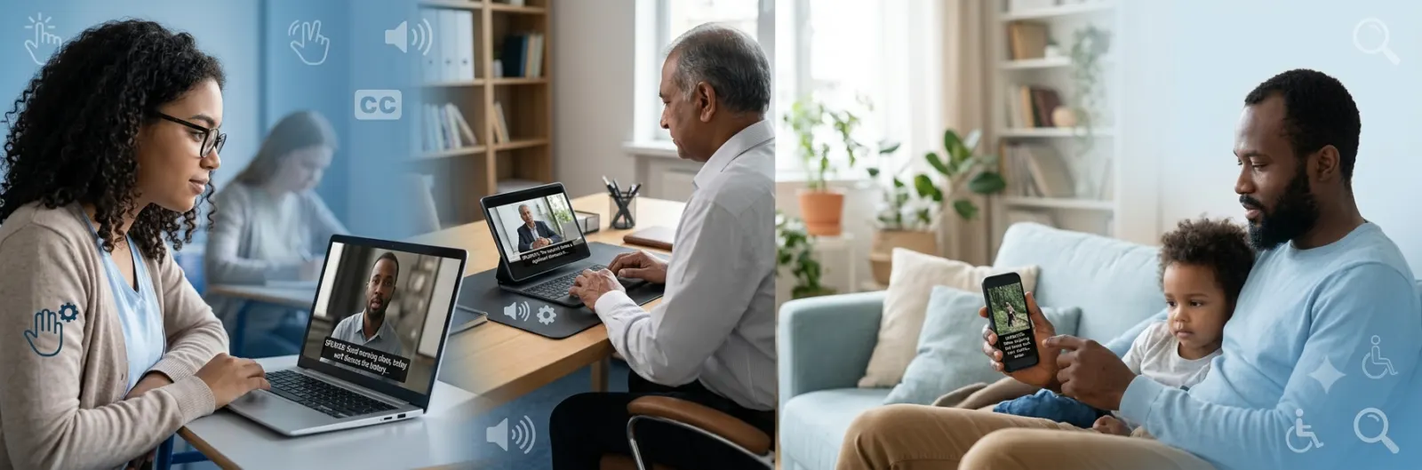 Modern horizontal illustration of a laptop and smartphone displaying a video with permanently visible open captions. Diverse people watch videos in a classroom, office, and home, highlighting accessibility and inclusive media. The clean blue and white design features subtle accessibility icons, soft lighting, and a professional, uncluttered layout representing open captions for online videos and social media.