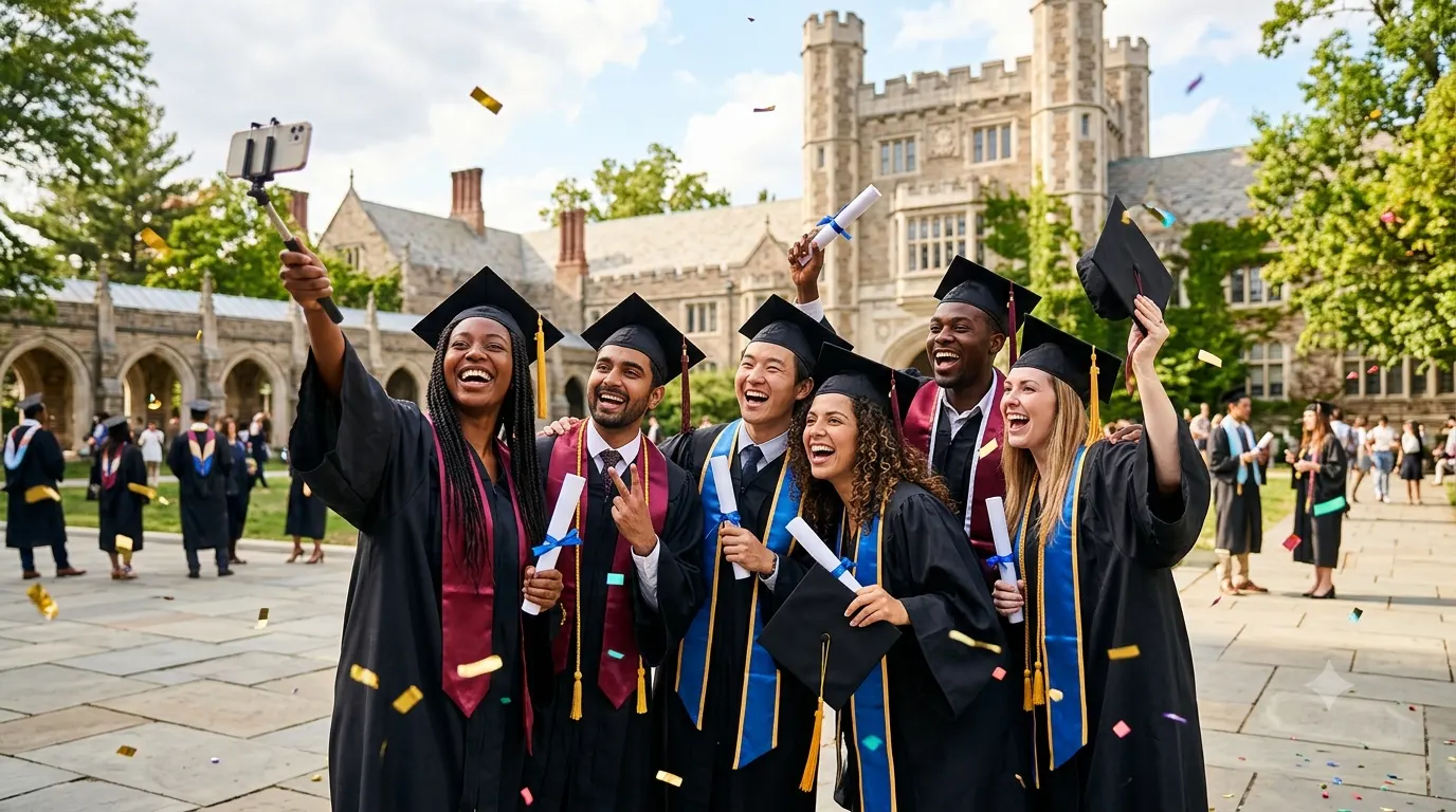 Happy graduates in caps and gowns celebrating with diplomas, taking selfies, and smiling together on a sunny university campus after the graduation ceremony.
