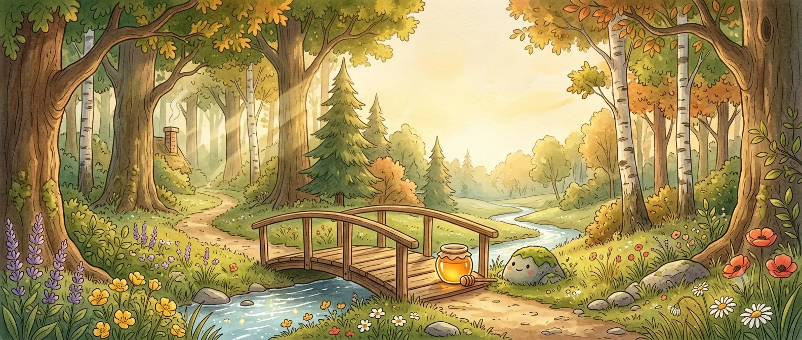Cozy storybook inspired woodland scene with honey pot and warm forest path for Winnie the Pooh captions article.
