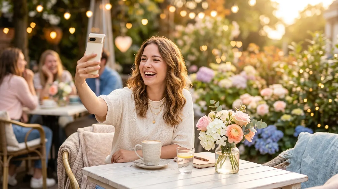 A smiling young adult taking a selfie outdoors during golden hour, surrounded by soft pastel flowers and warm sunlight, representing adorable Instagram captions for cute and aesthetic social media posts.