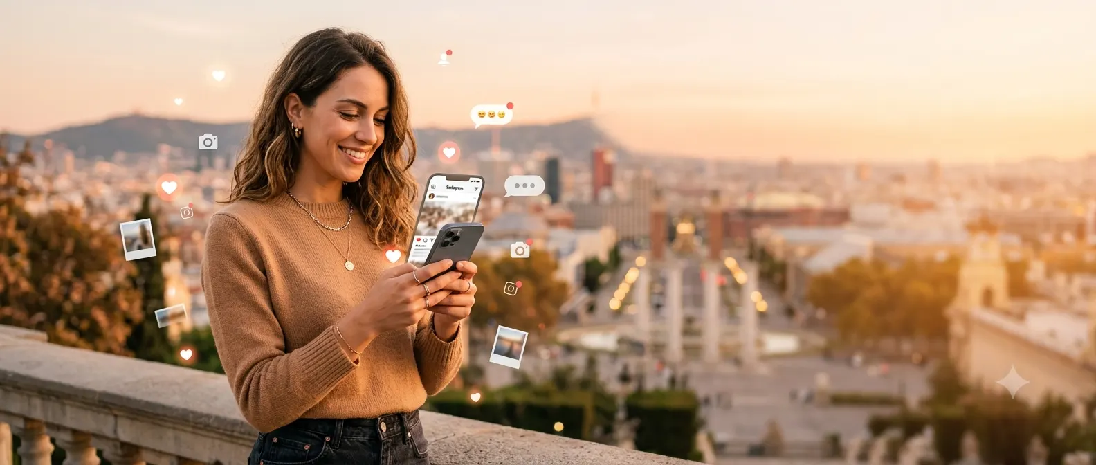 Modern horizontal blog header showing a stylish person using Instagram on a smartphone during golden hour, surrounded by subtle social media icons, floating hearts, chat bubbles, and photo frames in a clean, vibrant lifestyle setting with ample copy space.