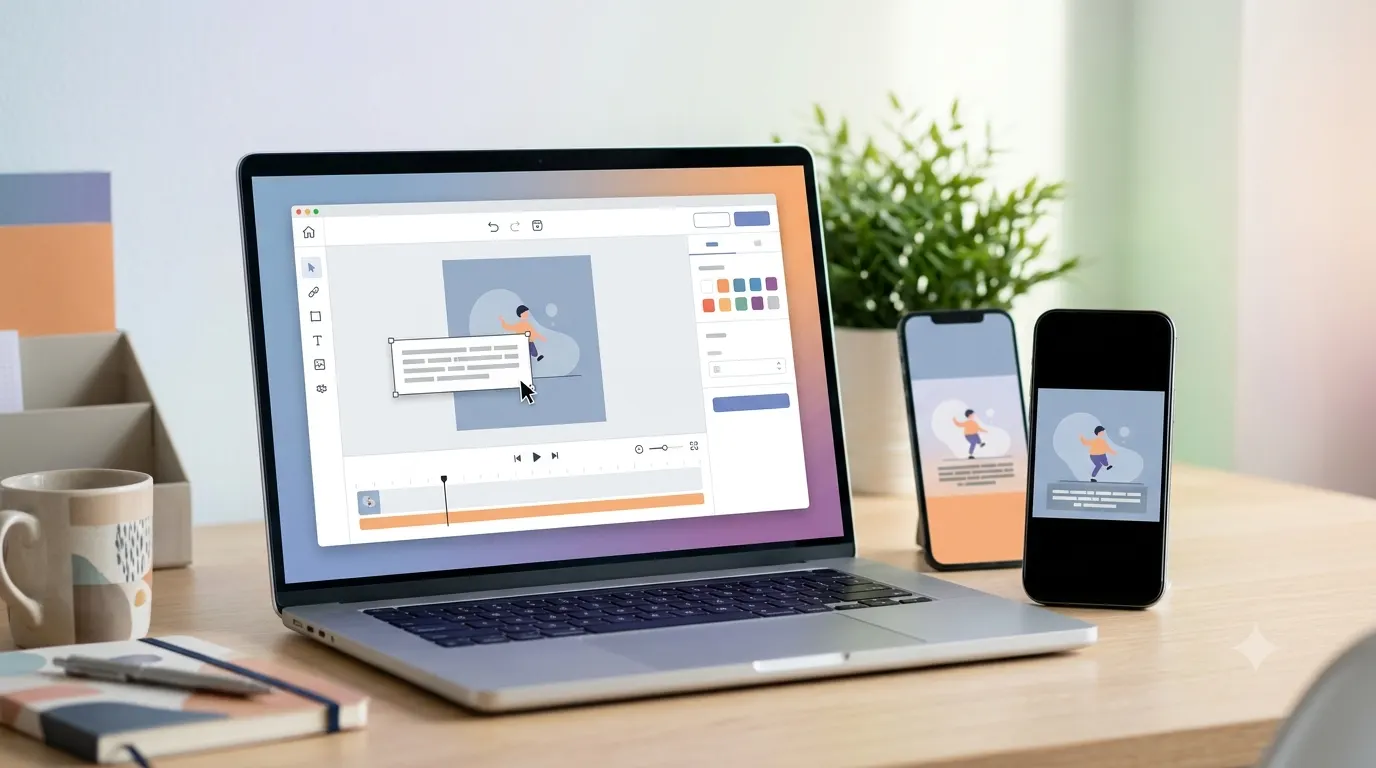 Person adding a caption to an animated GIF using an online editor on a laptop with a smartphone displaying the finished GIF.