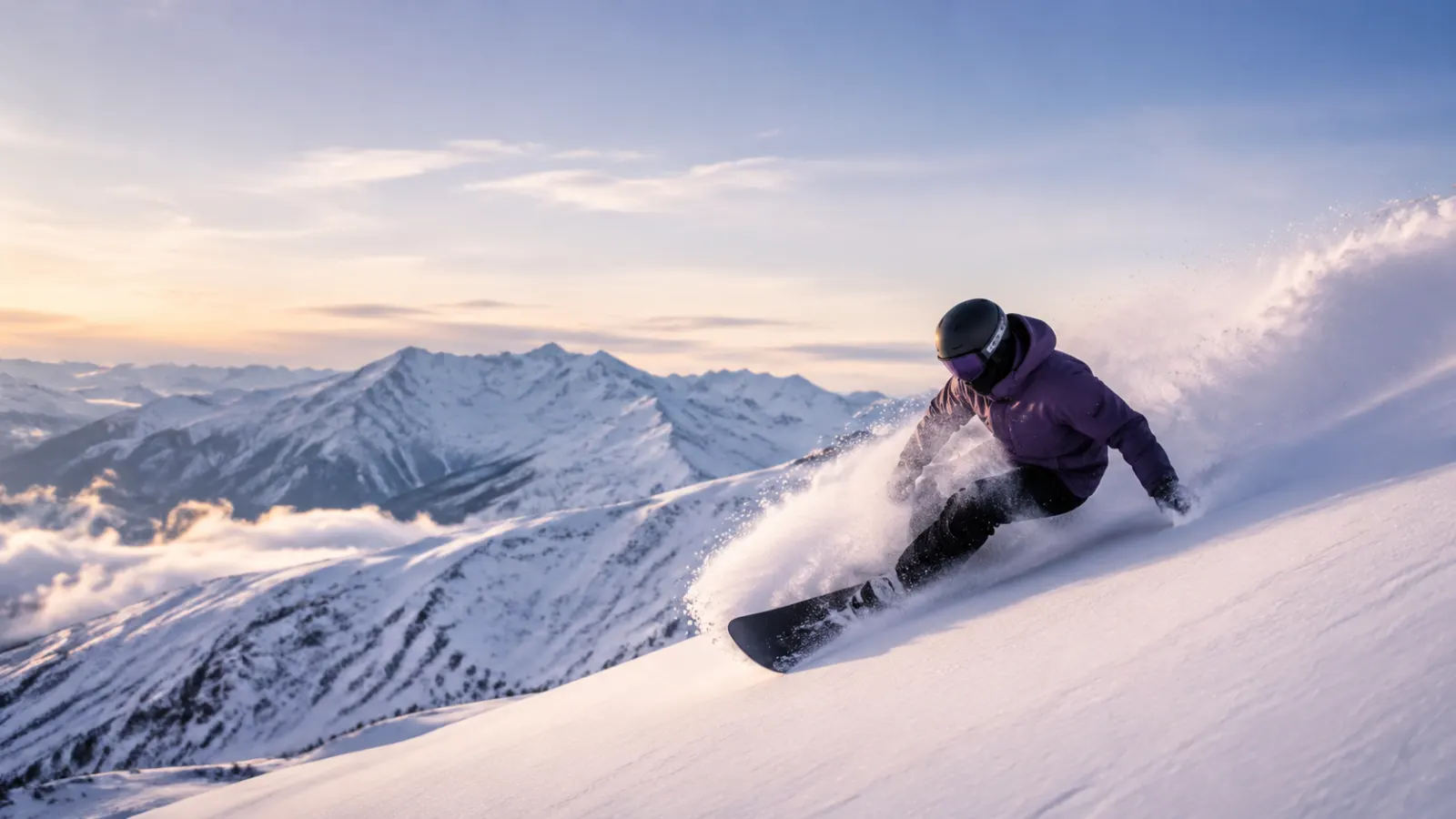 Snowboarder carving through fresh powder on a dramatic alpine slope at sunrise