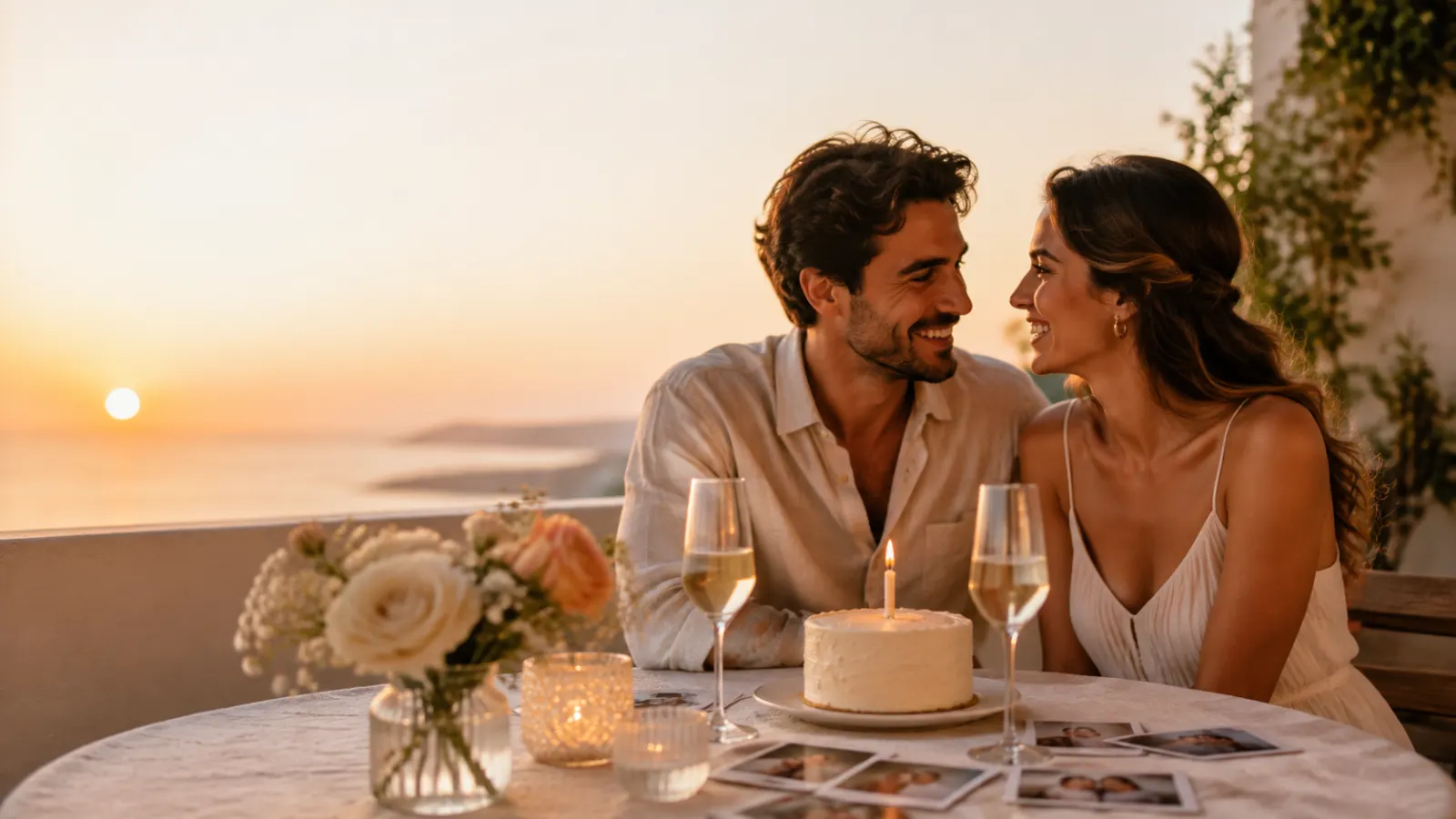Couple celebrating their one year anniversary with a cake and photographs at sunset.