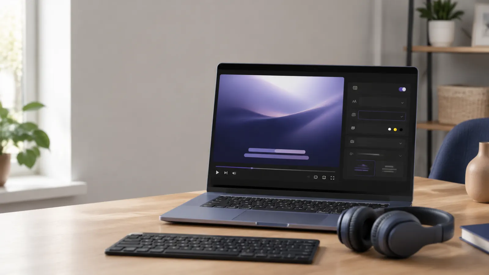 Modern laptop displaying a generic video with closed captions and accessibility settings in a tidy home workspace.