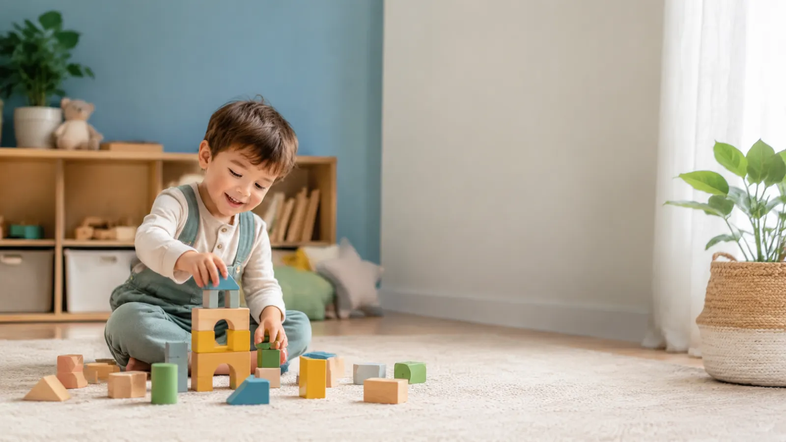 Cute child building a colorful wooden block tower in a bright modern playroom.