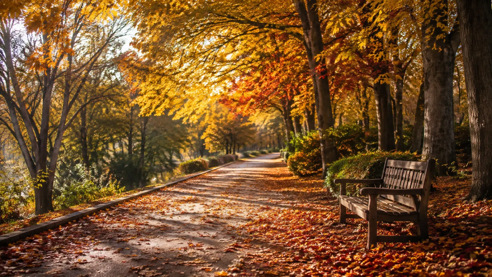 Golden autumn park path covered with colorful fall leaves beside a wooden bench