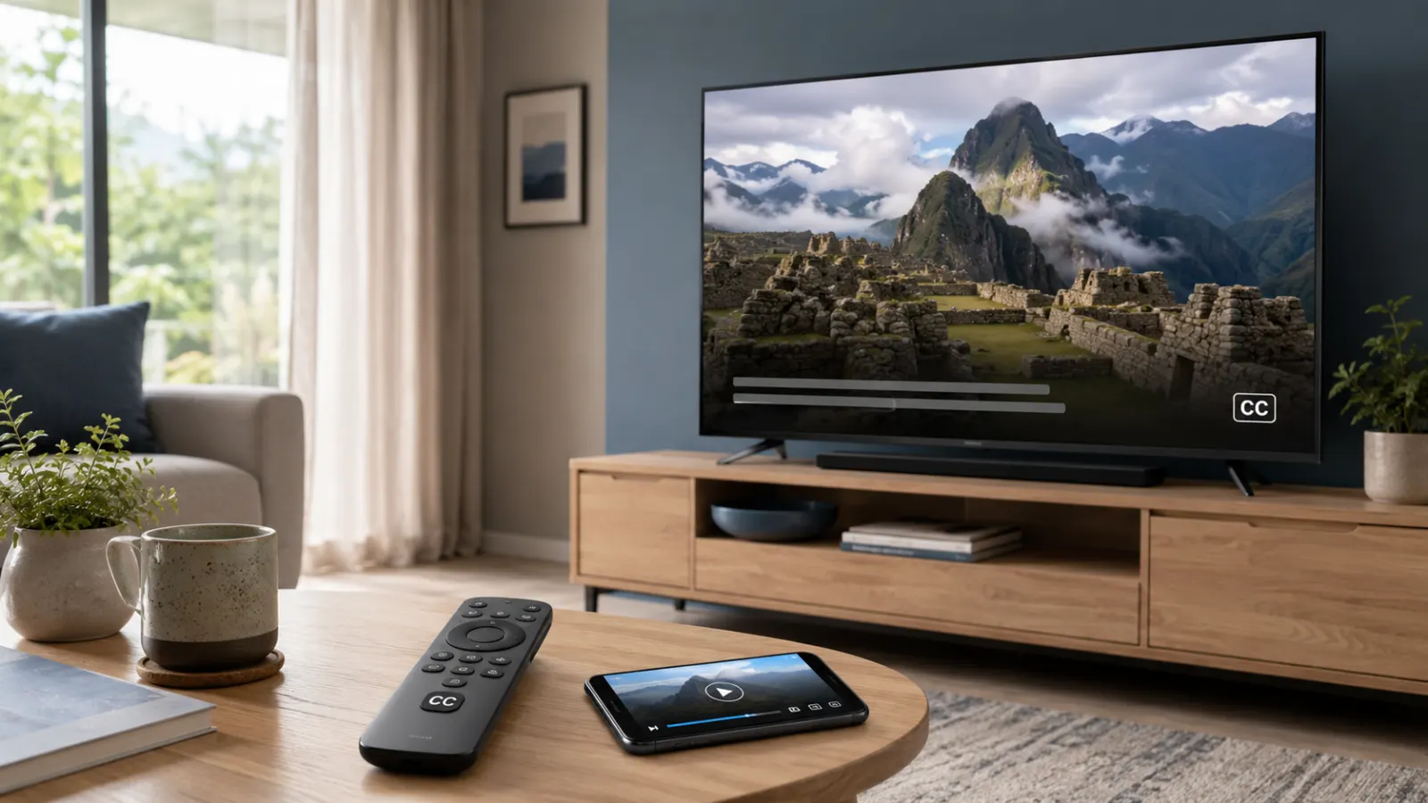 Modern smart TV showing a public television documentary with closed captions, beside a CC remote and smartphone on a tidy coffee table.