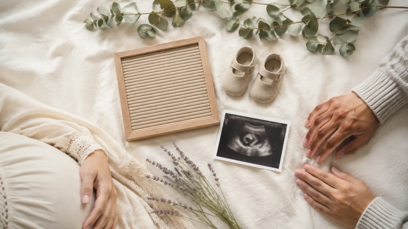 Pregnancy announcement flat lay with an ultrasound photo, neutral baby shoes, lavender, and a blank letter board.