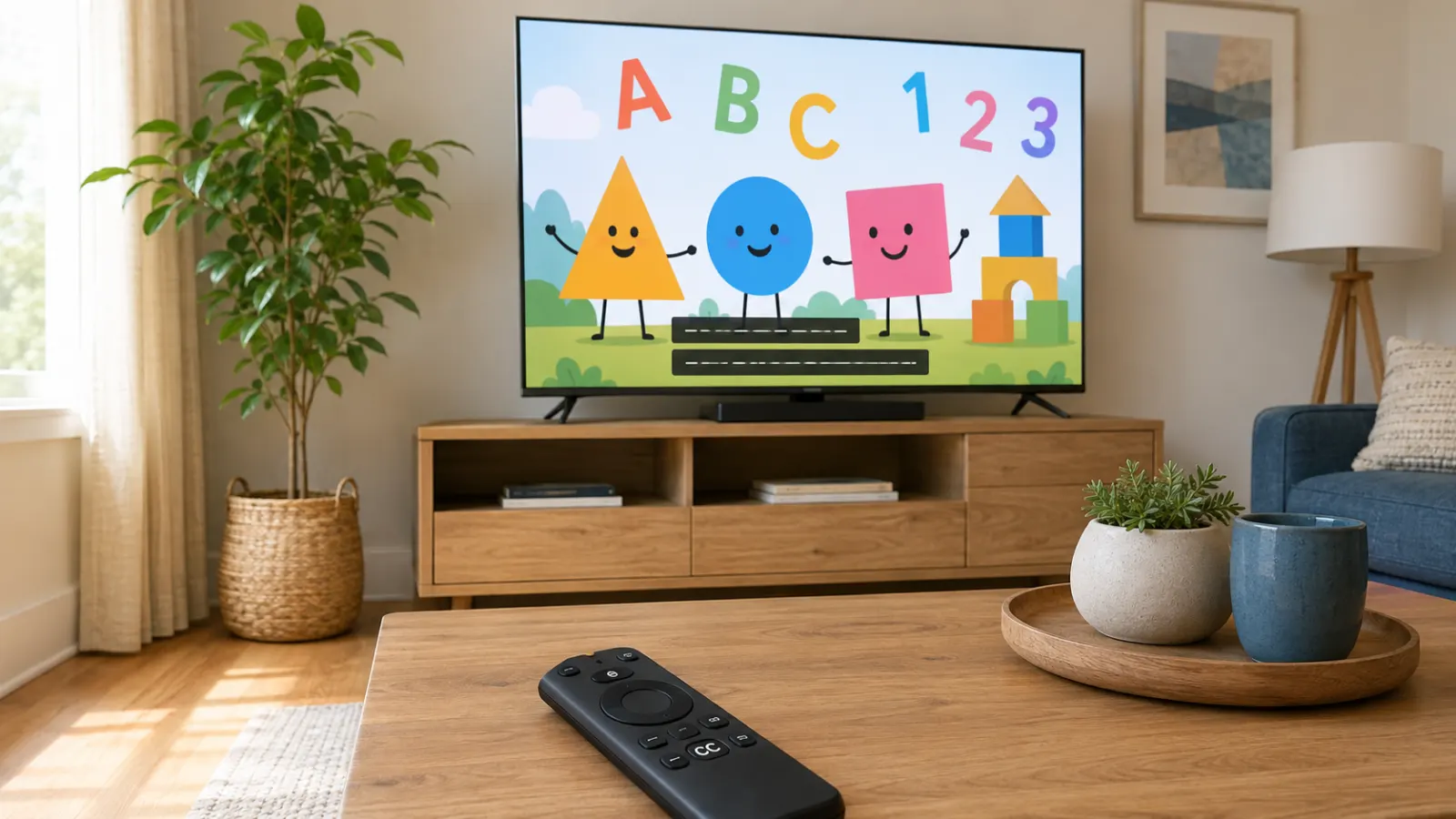 Cozy family living room with a smart TV showing a generic preschool program with closed captions and a CC remote on the coffee table.
